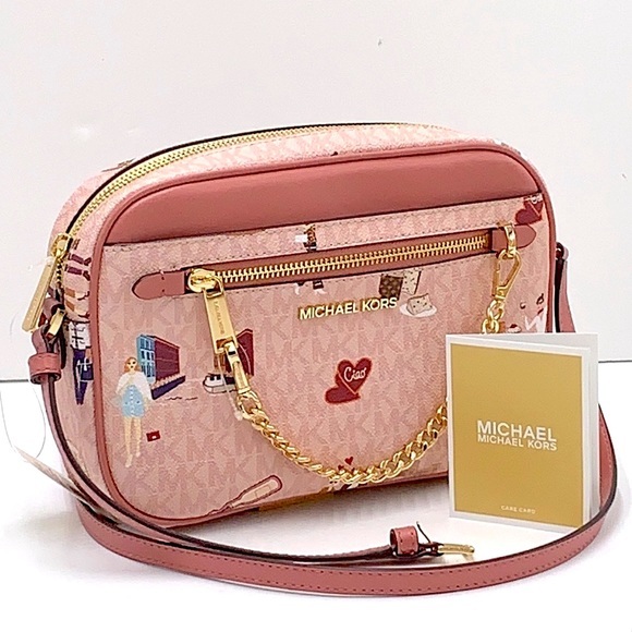 MICHAEL KORS JET SET GIRLS LARGE EAST WEST ZIP PACKED CHAIN XBODY DK POW… - Picture 1 of 16